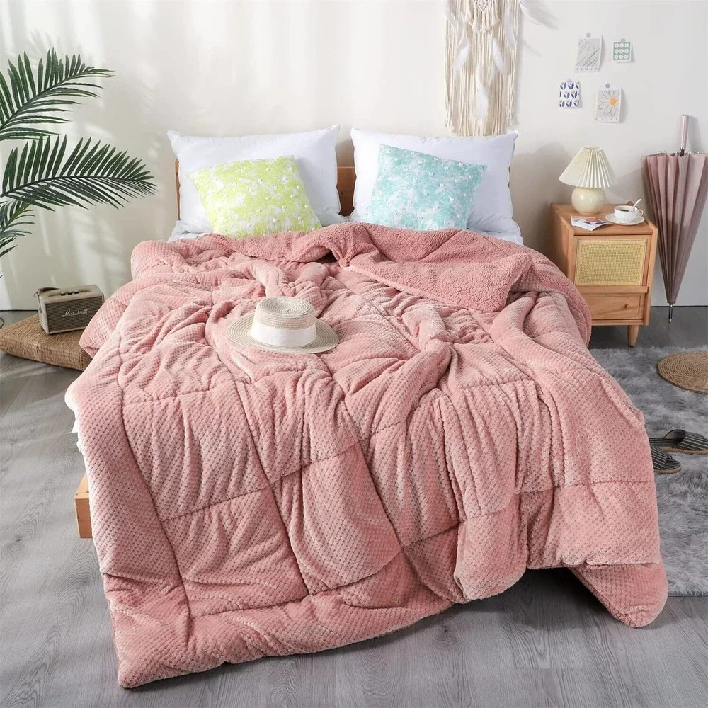 Luxurious Flannel Fleece Comforter w/ Plush Sherpa Back- Queen Size 90X90” Rose